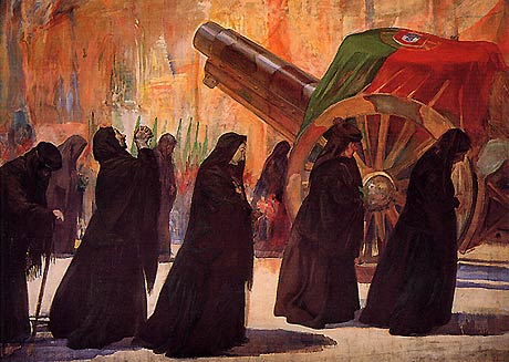 Rrepresentando as vivas, de negro, acompanhando o fretro do soldado morto. Funeral dos Soldados Desconhecidos, Pintura de 1927, Sousa Lopes